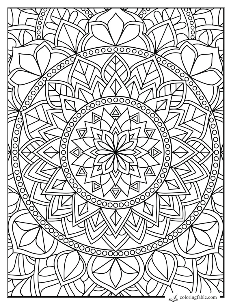 Intricate lotus mandala coloring page with beaded circular rings, pointed petals, leaves, and small triangles.