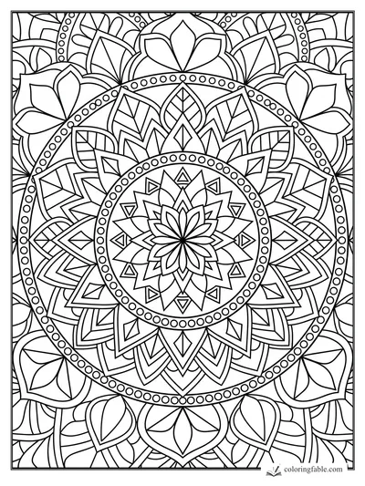 Intricate lotus mandala coloring page with beaded circular rings, pointed petals, leaves, and small triangles.