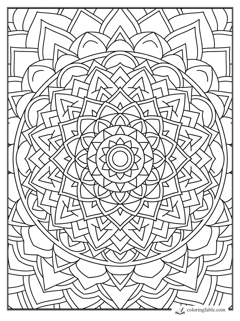 Intricate lotus mandala with concentric petals, nested triangles, arcs, and a bold circular center.