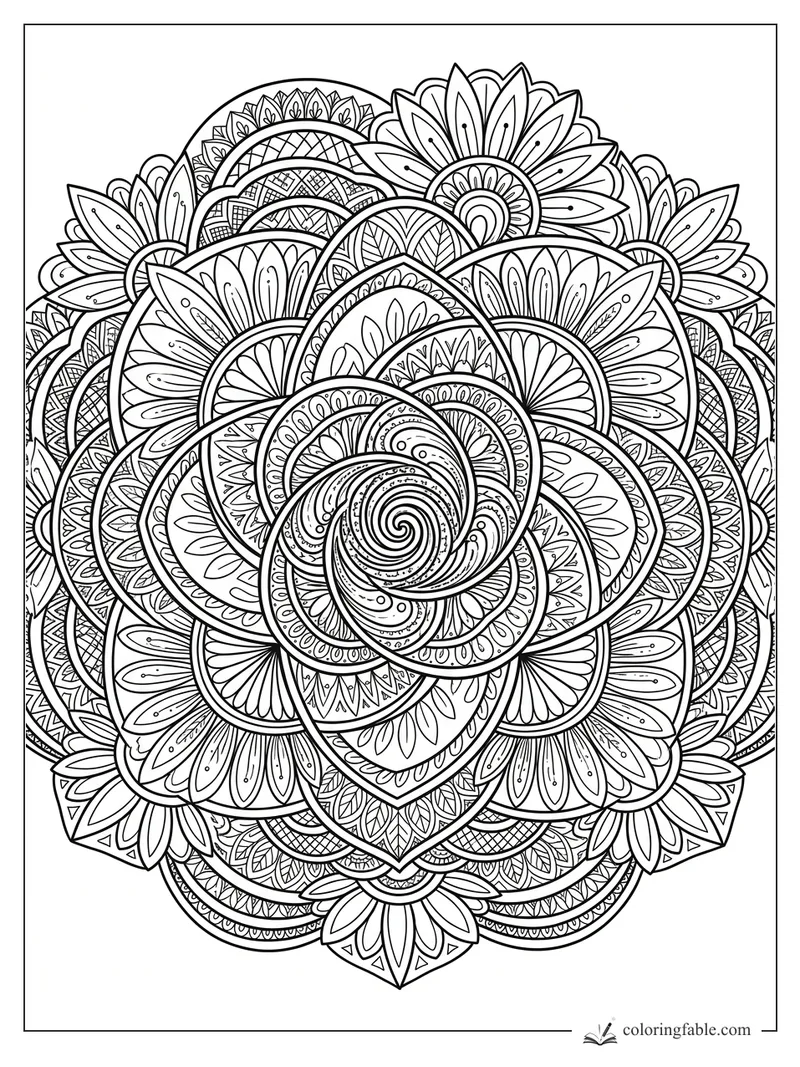Intricate lotus mandala coloring page with layered petals, lace arcs, leaf bands, and a spiral center