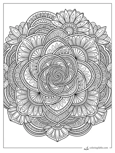 Intricate lotus mandala coloring page with layered petals, lace arcs, leaf bands, and a spiral center