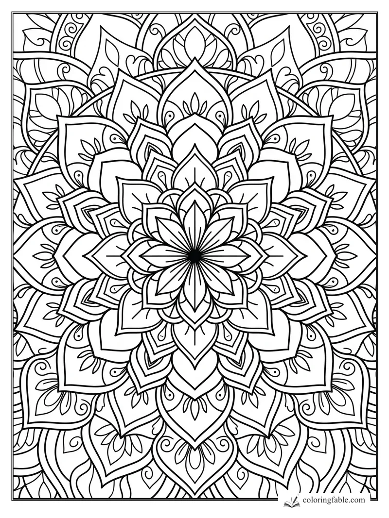 Intricate lotus mandala coloring page with layered petals, leaf shapes, scallops, and curling spiral details.