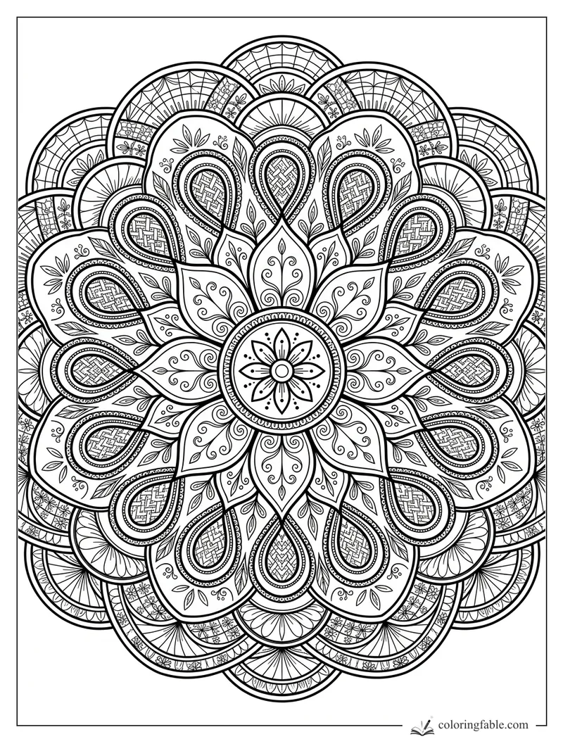 Intricate mandala coloring page with paisley petals, woven teardrops, leafy curls, and scalloped outer arcs.