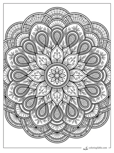 Intricate mandala coloring page with paisley petals, woven teardrops, leafy curls, and scalloped outer arcs.