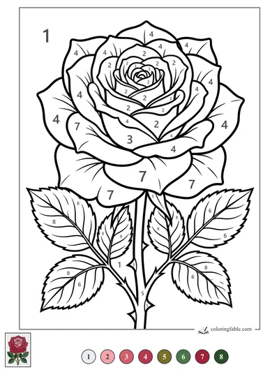 Layered Rose Bloom with Thorny Stem — color by number