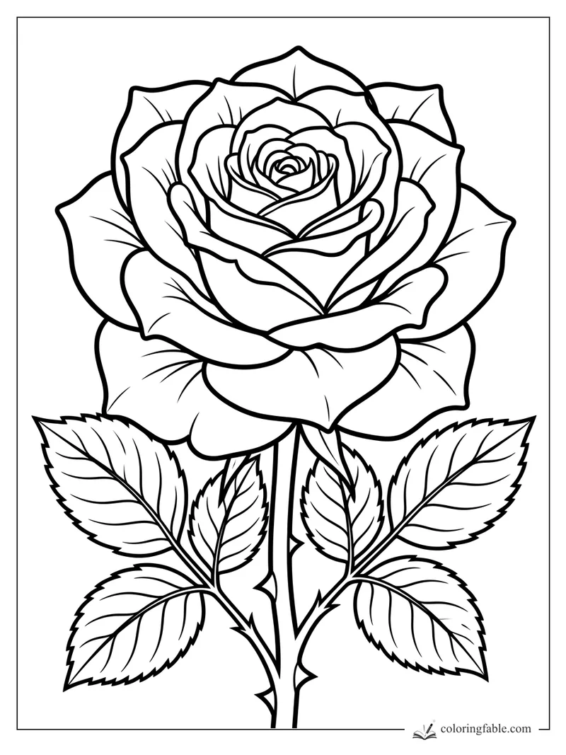 Detailed rose coloring page with layered petals, serrated leaves, and a thorny stem