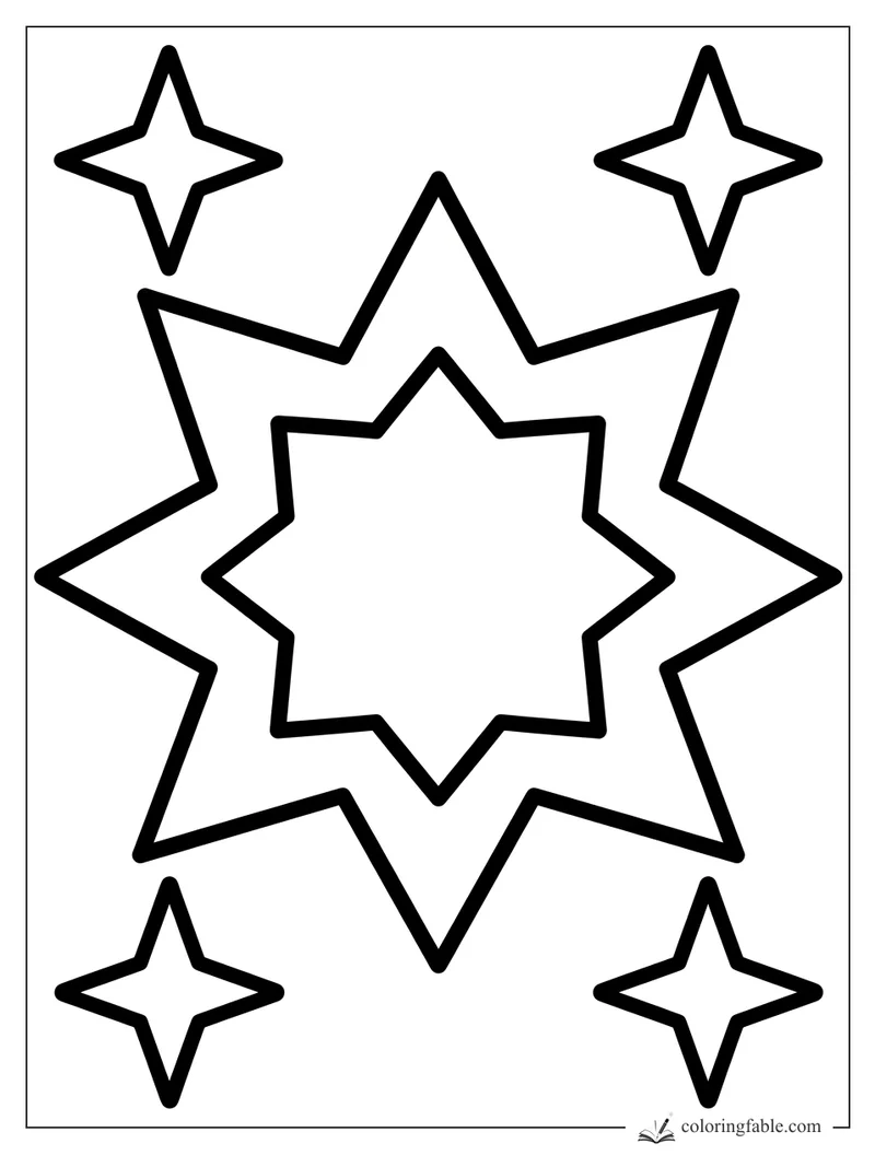 Bold easy star coloring page with layered starburst and four small sparkle stars