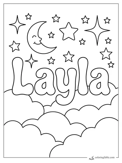 Layla name coloring page with smiling crescent moon, stars, sparkles, and puffy clouds