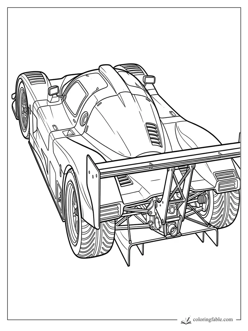 Realistic race car coloring page with rear wing, slick tires, vents, mirrors, and exposed suspension