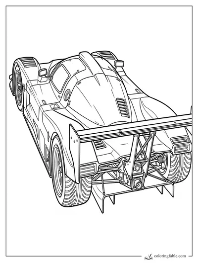 Realistic race car coloring page with rear wing, slick tires, vents, mirrors, and exposed suspension