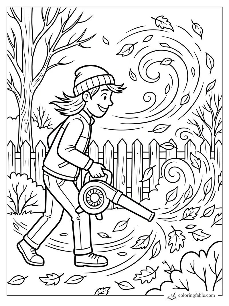 Cartoon child using a leaf blower as autumn leaves swirl by a picket fence and bare trees.