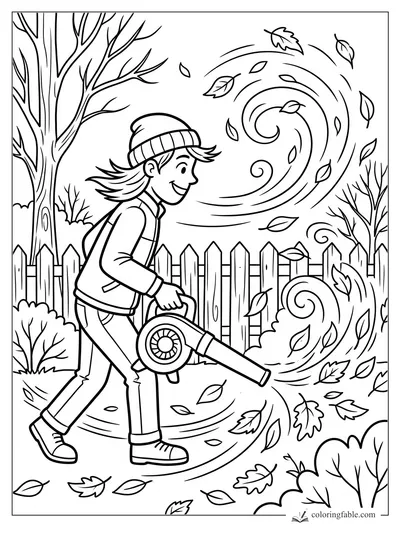 Cartoon child using a leaf blower as autumn leaves swirl by a picket fence and bare trees.