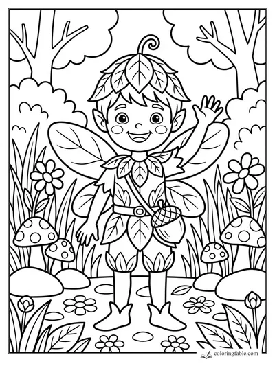 Smiling leaf fairy waving among spotted mushrooms, daisies, tall grass, and forest trees.