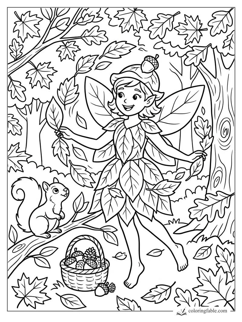 Smiling leaf fairy with acorns, a basket, and a squirrel among autumn trees and falling leaves