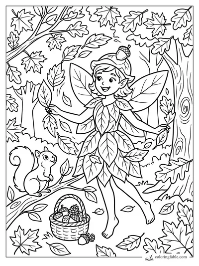 Smiling leaf fairy with acorns, a basket, and a squirrel among autumn trees and falling leaves