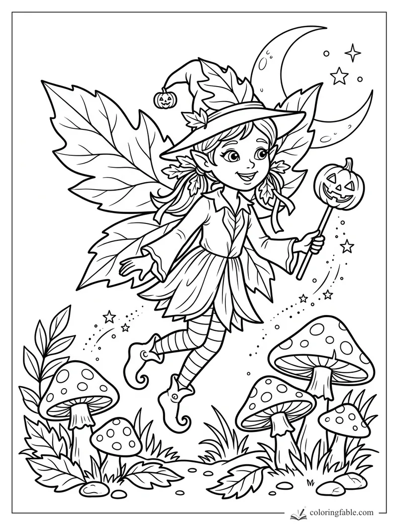 Cartoon leaf fairy witch flying over spotted mushrooms with pumpkin wand, crescent moon, stars, and autumn leaves