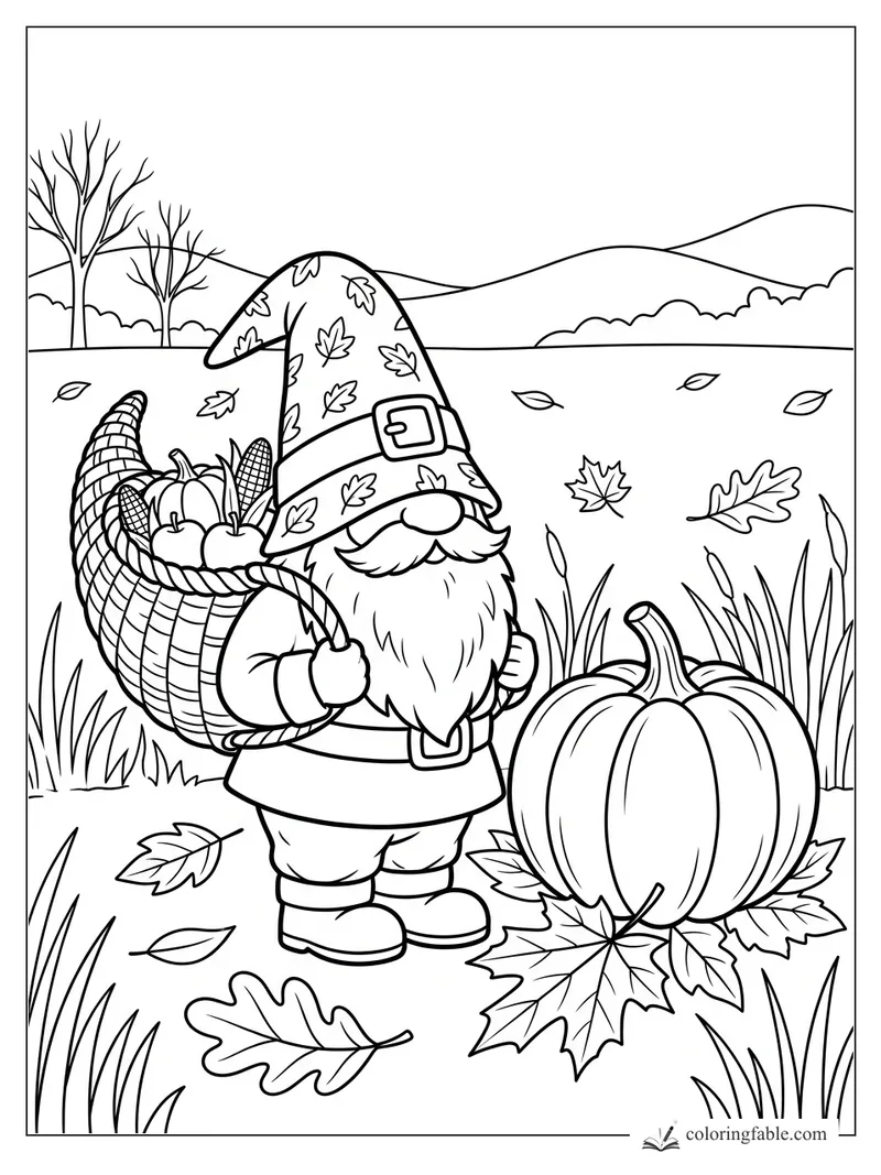 Gnome in a leaf-patterned hat carrying a cornucopia beside a large pumpkin in an autumn field