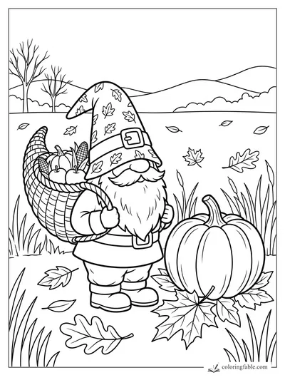 Gnome in a leaf-patterned hat carrying a cornucopia beside a large pumpkin in an autumn field