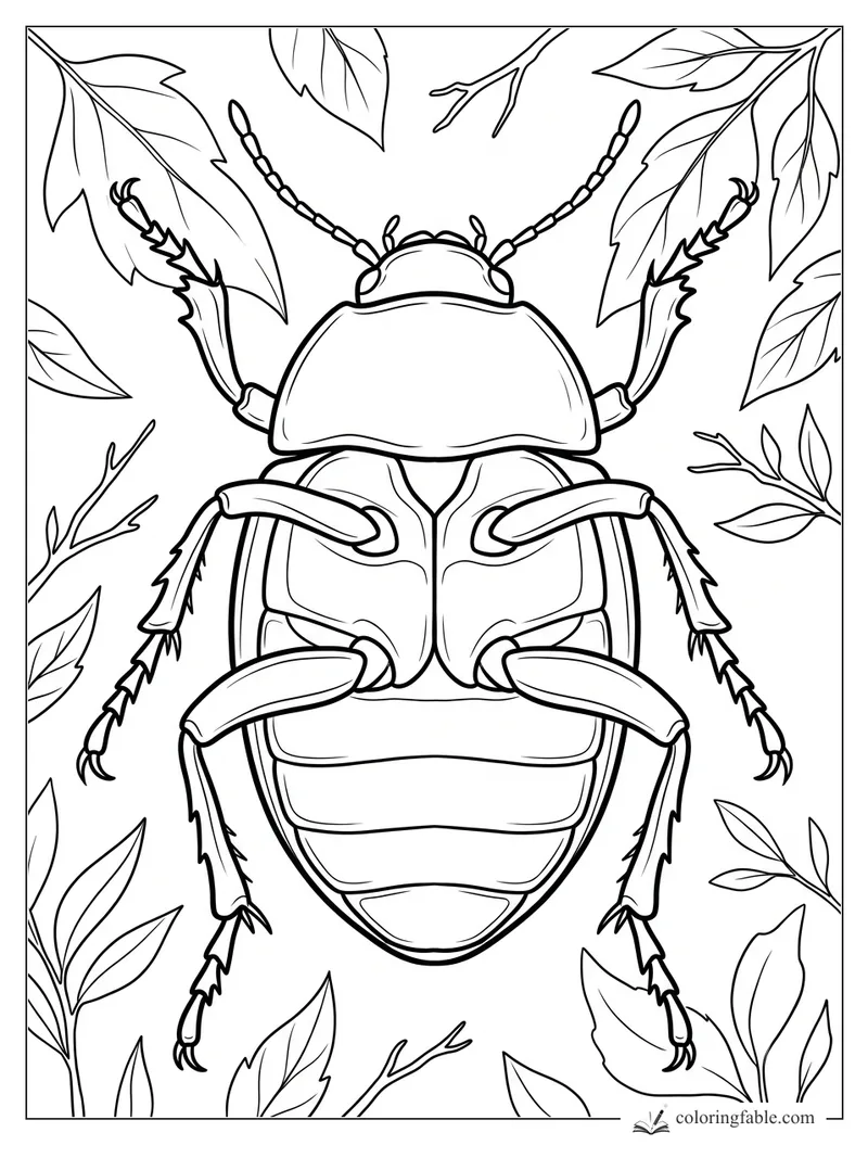 Realistic beetle with raised antennae and segmented legs surrounded by leaves and twigs