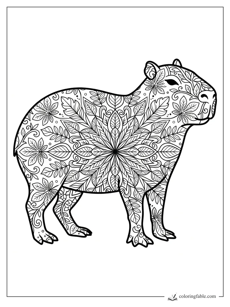 Intricate capybara mandala with leaf patterns and a large floral rosette on its side