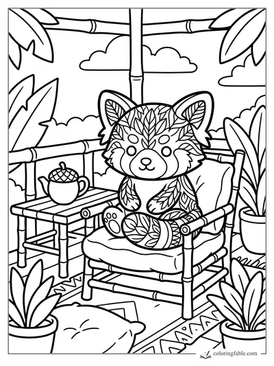 Intricate red panda with leaf markings sitting in a bamboo chair beside tea and potted plants.