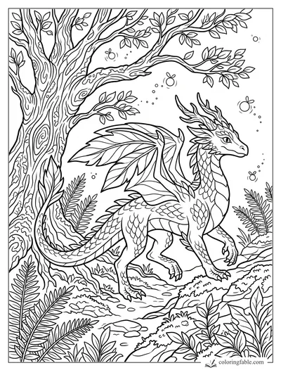 Leaf-wing dragon walking under a twisted forest tree with ferns, mossy rocks, and glowing fireflies
