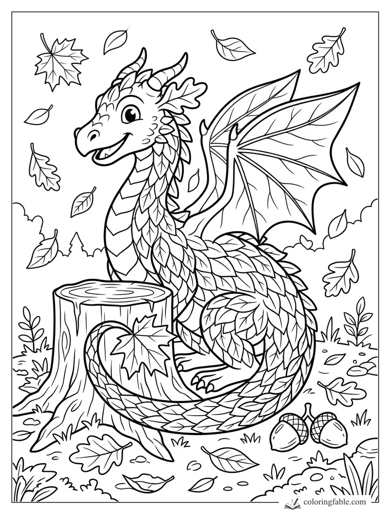 Smiling leaf-covered dragon with wings, a tree stump, falling leaves, and acorns in a forest coloring page