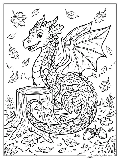 Smiling leaf-covered dragon with wings, a tree stump, falling leaves, and acorns in a forest coloring page