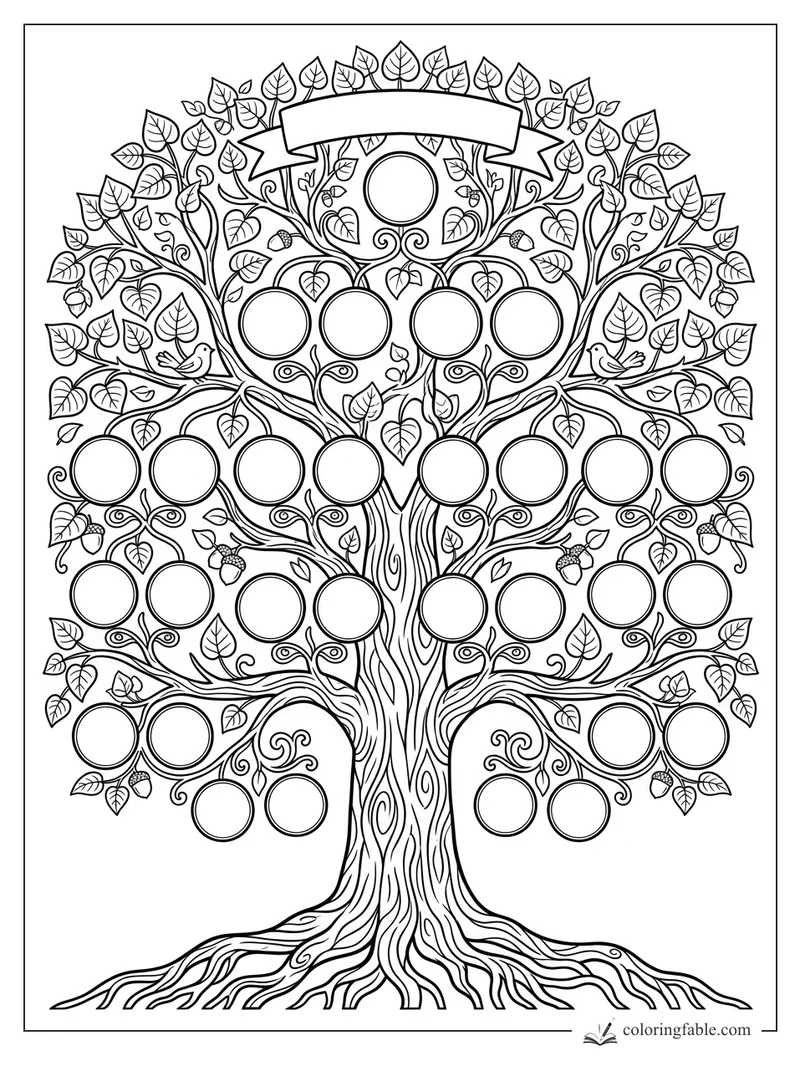 Family tree coloring page with blank photo circles, leafy branches, birds, acorns, and a ribbon banner.