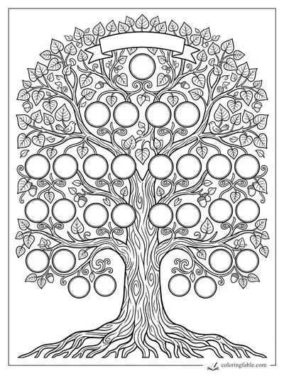 Family tree coloring page with blank photo circles, leafy branches, birds, acorns, and a ribbon banner.