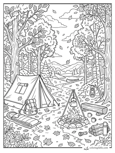 Detailed camping coloring page with tent, campfire kettle, canoe, lantern, trees, lake, and falling leaves.