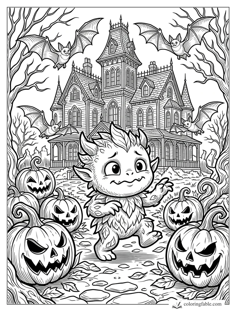 Cute leafy monster on a path before a haunted Victorian house, jack-o’-lanterns, bats, and bare trees.