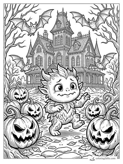 Cute leafy monster on a path before a haunted Victorian house, jack-o’-lanterns, bats, and bare trees.