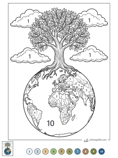 Leafy Tree Growing from the Globe — color by number