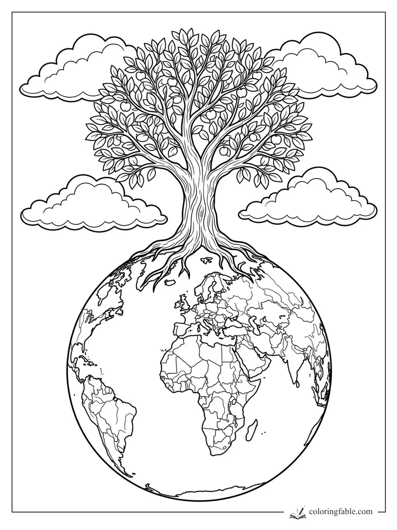 Coloring page of a leafy tree rooted in Earth, with detailed continents and four fluffy clouds.