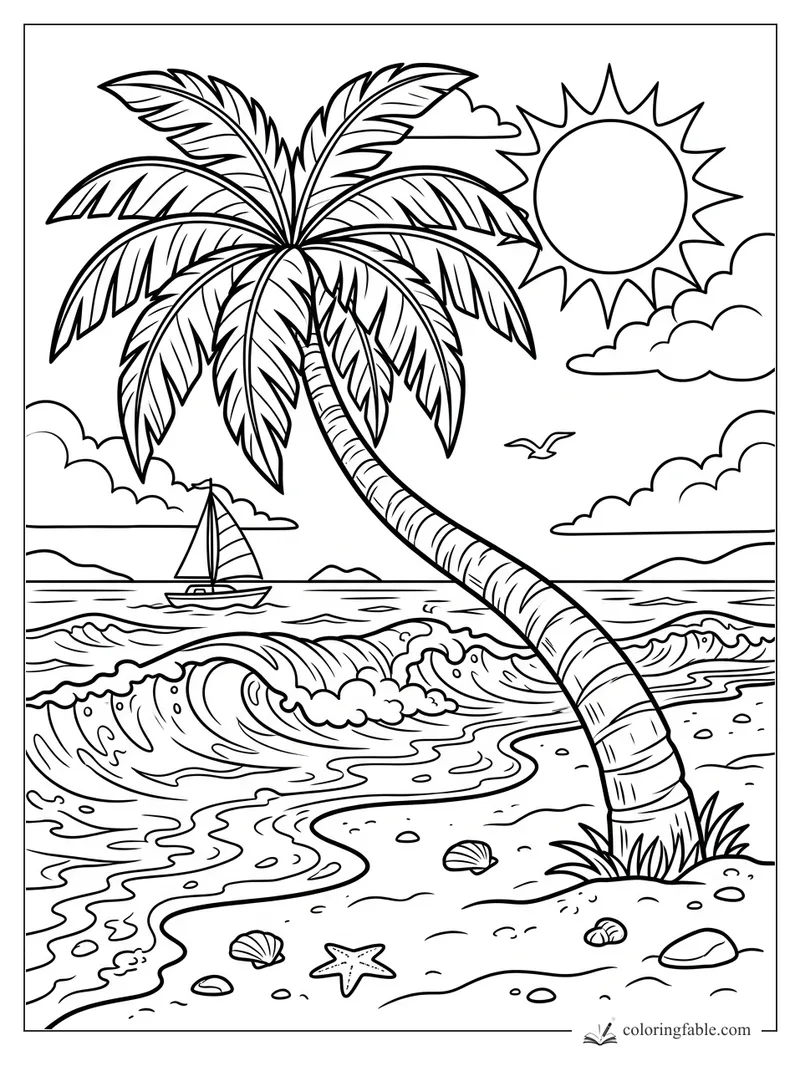 Cartoon palm tree leaning over ocean waves, sailboat, shells, starfish, clouds, sun, and seagull.