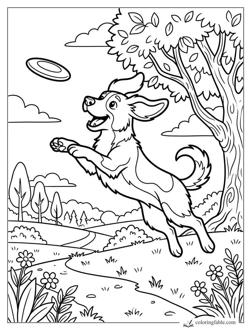 Cartoon dog leaping for a flying disc under a leafy tree on a winding park path