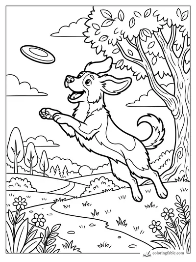Cartoon dog leaping for a flying disc under a leafy tree on a winding park path