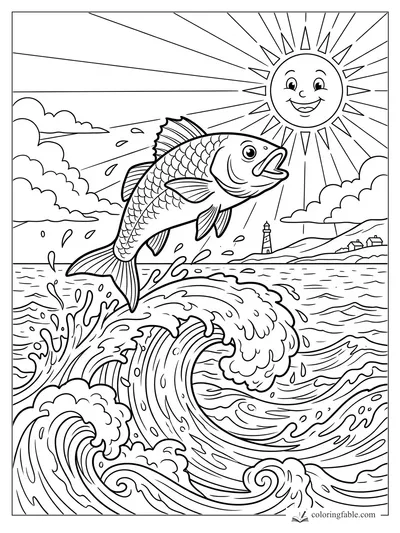 Cartoon fish leaping from curling ocean waves beneath a smiling sun, clouds, lighthouse, and distant houses
