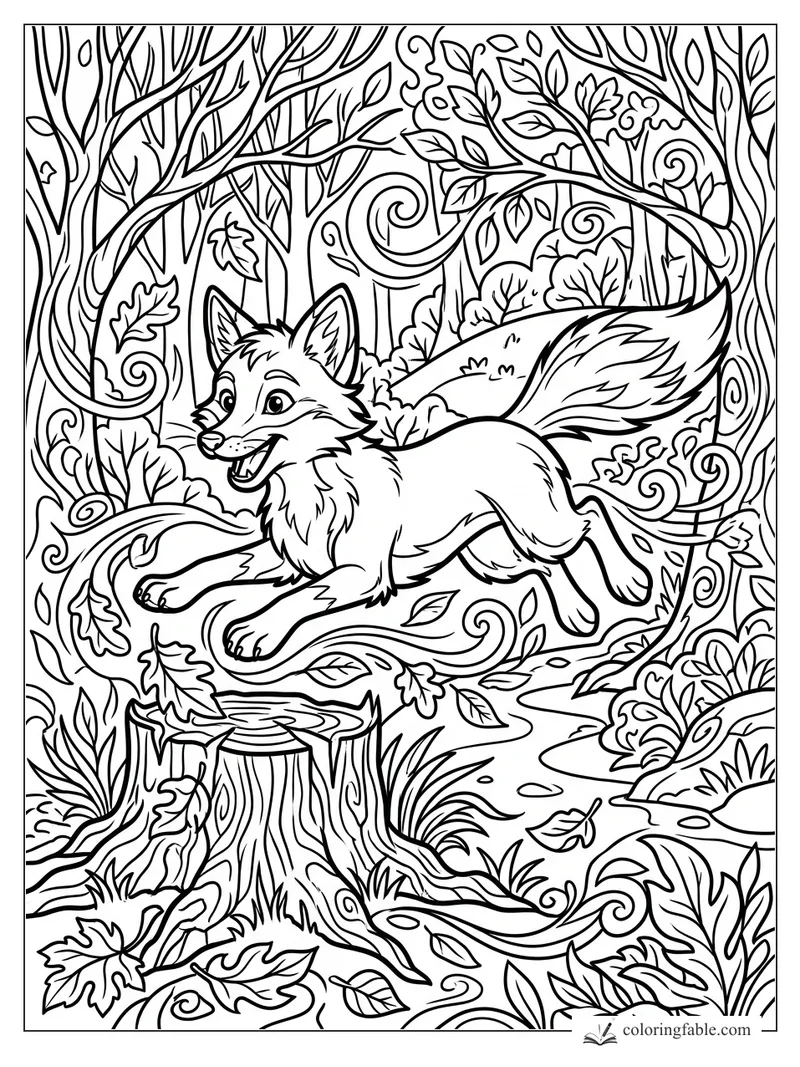Cartoon fox leaping from a tree stump through a forest of curling vines, leaves, and branches