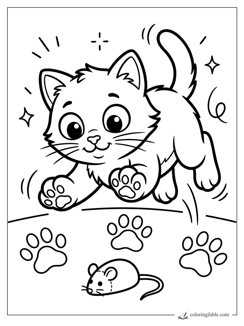 Easy coloring page of a happy kitten leaping above paw prints and a little mouse toy.
