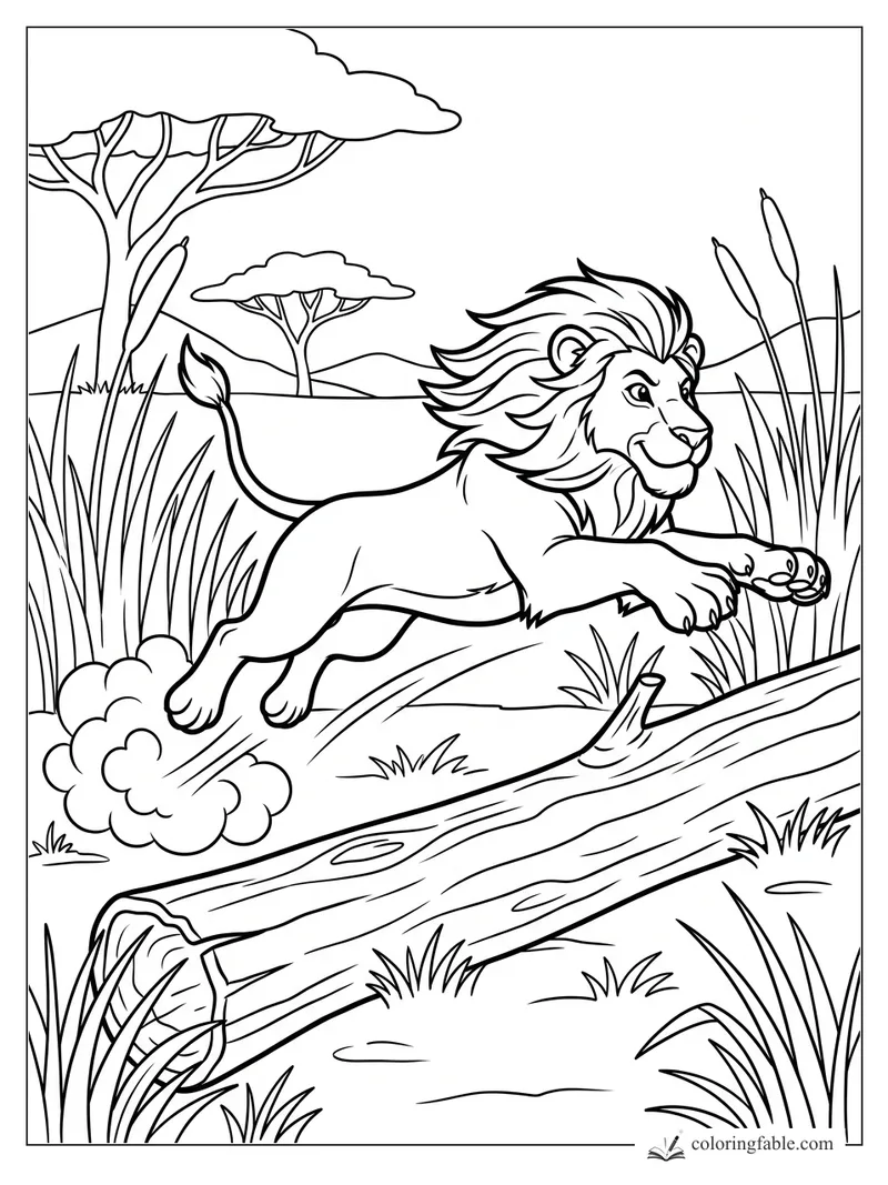 Cartoon lion leaping over a fallen log with tall savanna grass and acacia trees