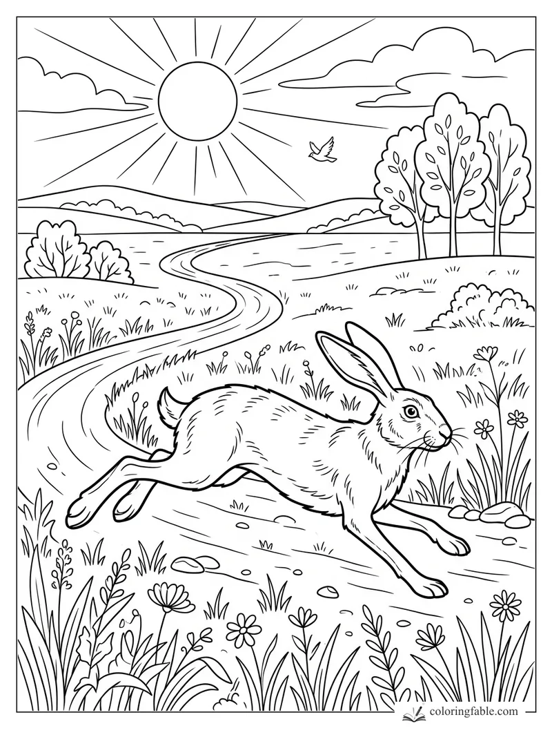 Rabbit leaping beside a winding country path with flowers, trees, hills, sun, clouds, and a flying bird.