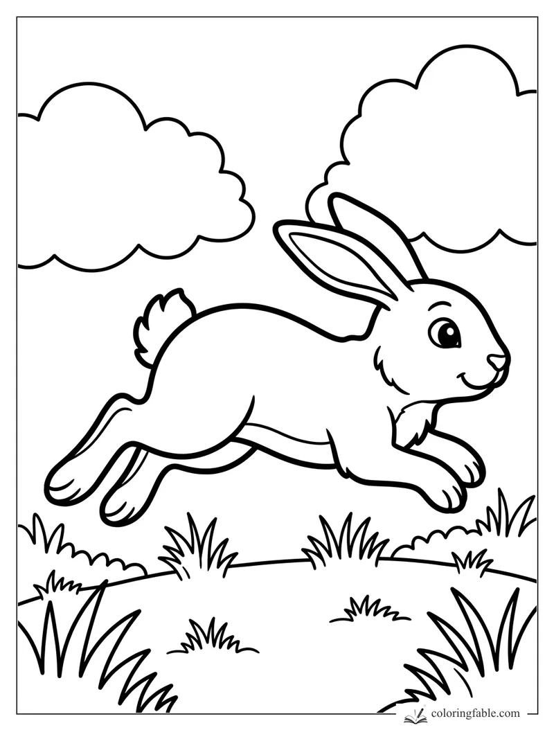 Easy coloring page of a smiling rabbit leaping over grass beneath two puffy clouds