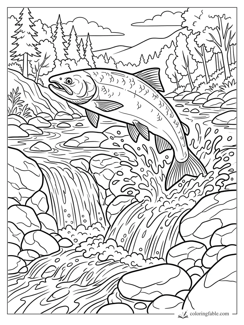 Salmon jumping above a rocky waterfall with pine trees, river stones, mountains, and splashing water