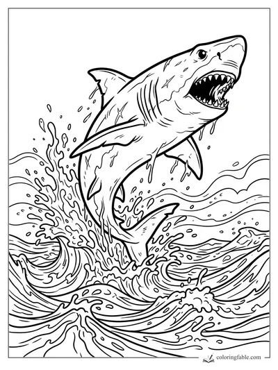 Cartoon shark leaping from crashing ocean waves with open jaws and splashing water