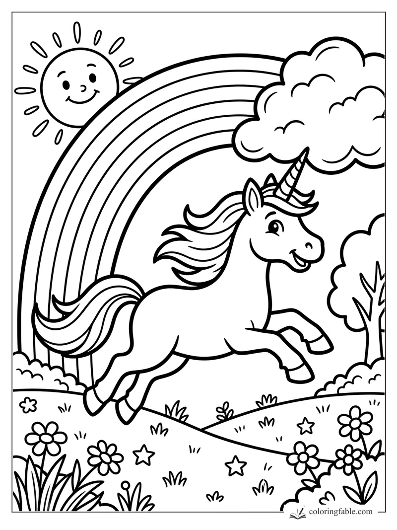 Cartoon unicorn leaping through flowers beneath a rainbow, smiling sun, clouds, and trees