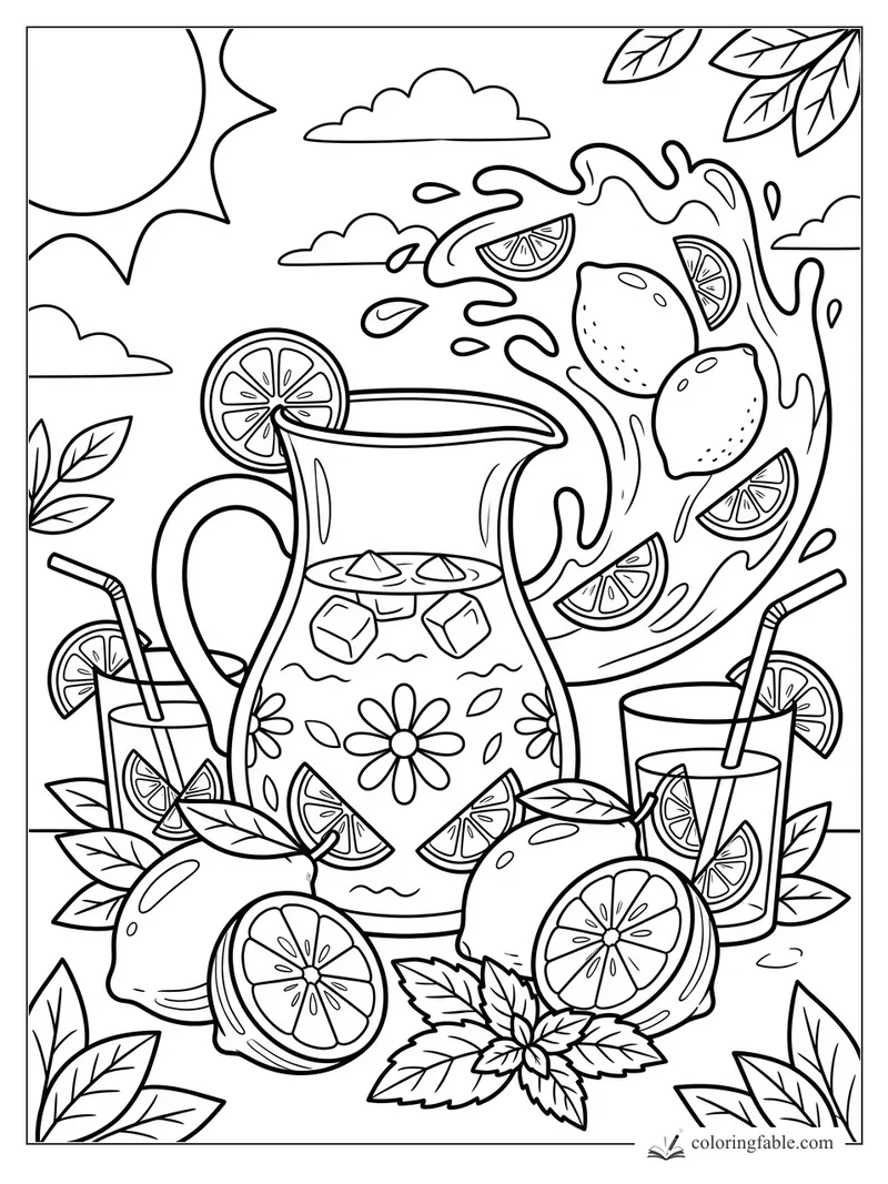 Cartoon lemonade pitcher with lemons, citrus slices, mint leaves, straws, clouds, and a big sunny splash