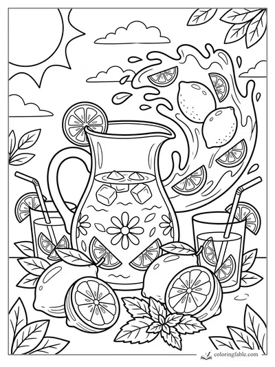 Cartoon lemonade pitcher with lemons, citrus slices, mint leaves, straws, clouds, and a big sunny splash