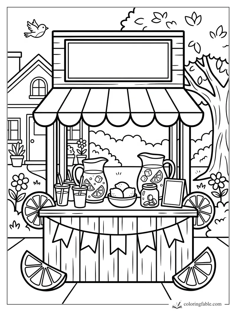 Bold lemonade stand coloring page with pitchers, lemons, striped awning, bird, tree, and blank sign.